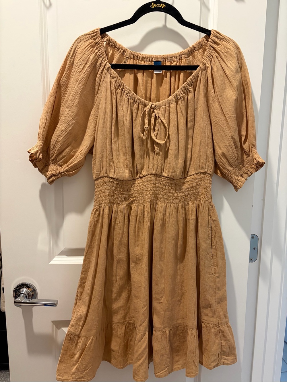 Old Navy Tan Puff-Sleeve Smocked Midi Dress